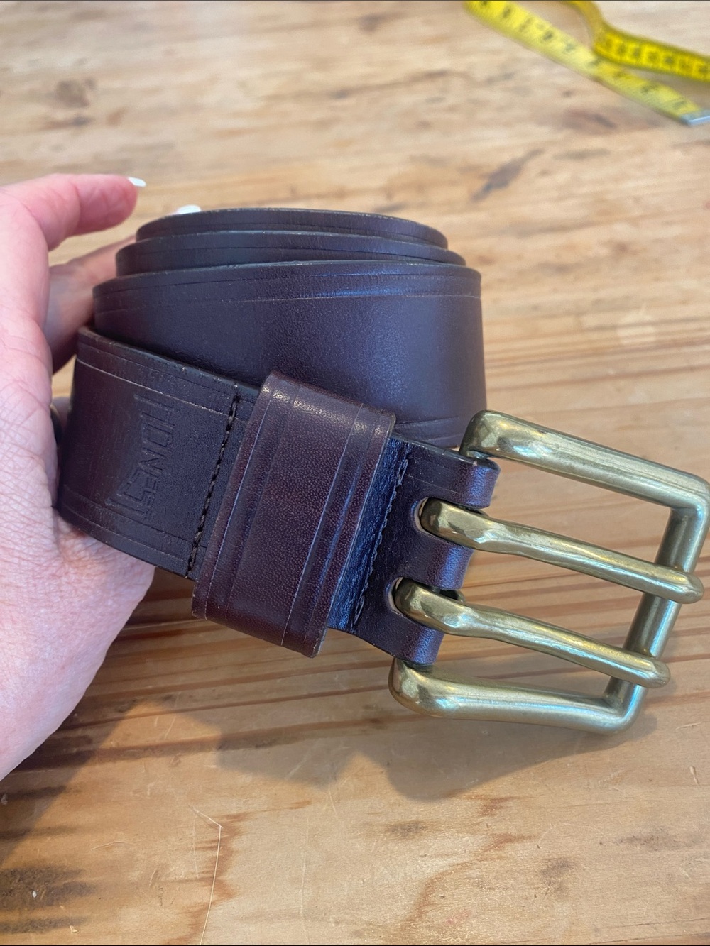 The Honest Company Dark Brown Triple-Prong Leather Belt with Brass Buckles